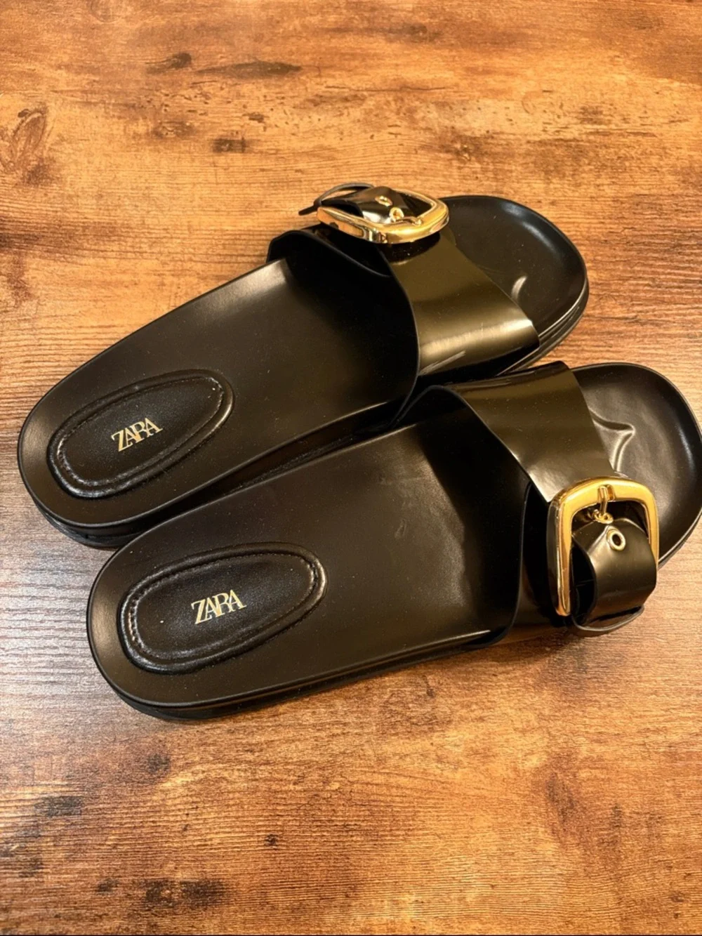 Zara Black Slide Sandals with Gold Buckles - Picture 2 of 9